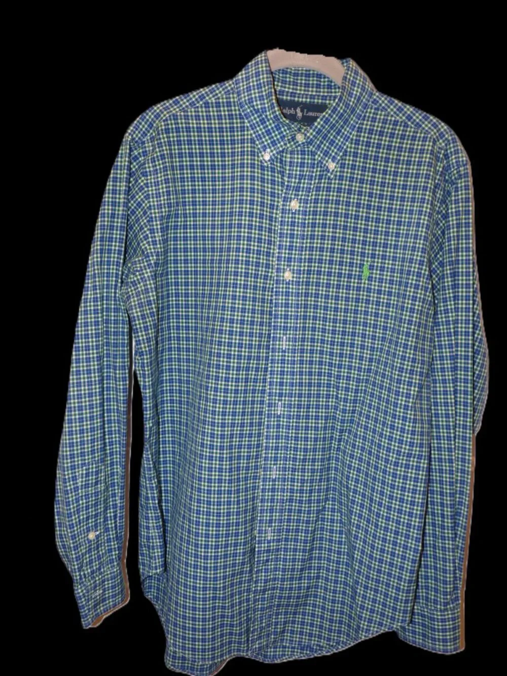 Polo Ralph Lauren oxford shirt, blue/green plaid, button up. Men's small.